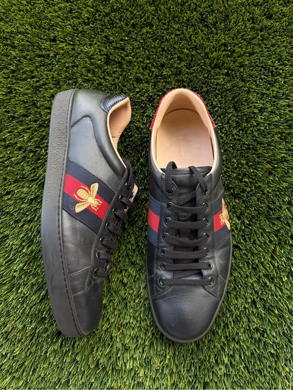 Gucci Black Leather Sneakers with Red & Blue Stripe and Gold Bee